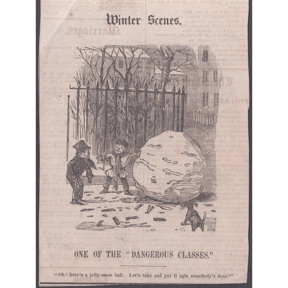 Antique 1850s Saturday Evening Post Clipping Winter Scenes Snowball Woodcut Art
